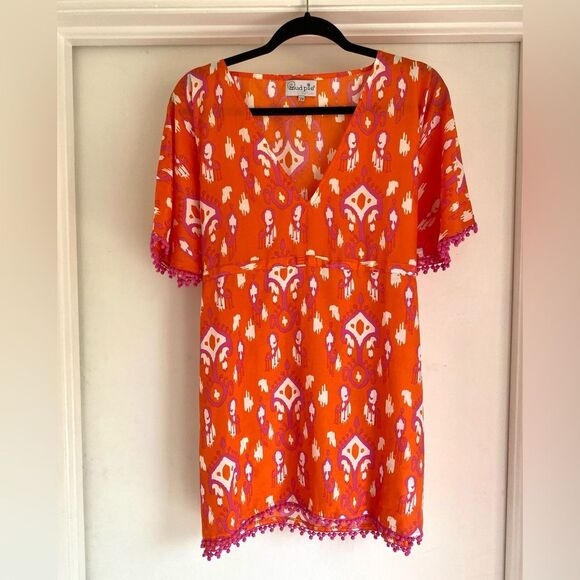Mud Pie Orange & Pink Adjustable Swimsuit Coverup Size Small Pom Pom Medium - Picture 1 of 6